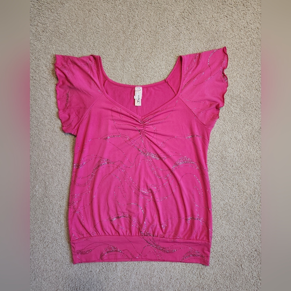 Vintage Y2k Topia Pink Blouse with Swirl Glitter Pattern